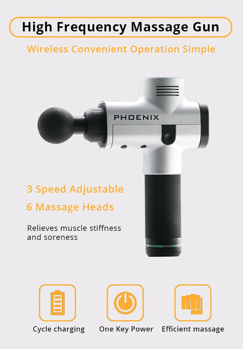 Phoenix A1 пистолет для массажа мышц, массажер для глубоких тканей, терапия, пистолет для упражнений, облегчение боли в мышцах, формирование тела с 6 головками