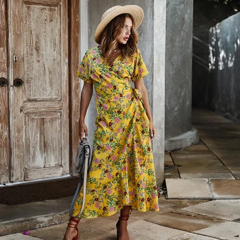 

Summer women's fashion V-neck printed dress yellow short-sleeved slim belt floral Ankle-Lengt temperament lady commuter clothing
