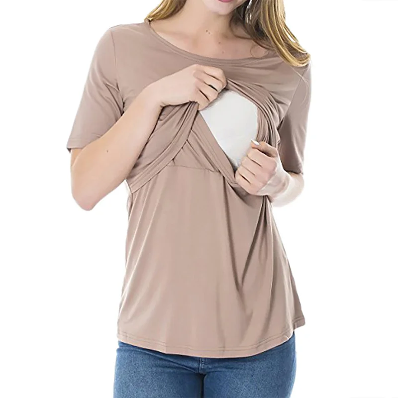 Khaki Топ для кормящих женщин, летняя футболка для кормления грудью с коротким рукавом, однотонная свободная футболка для кормления для беременных, Одежда для беременных - Цвет: Khaki