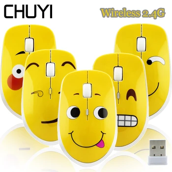 

CHUYI Wireless 2.4G Cute Mouse Cartoon Expression Silent Optical USB Gaming Mouse 1600 DPI Computer Office Mice For Laptop PC