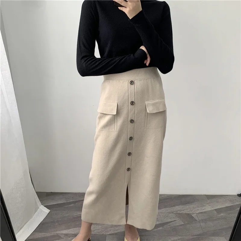 Женская длинная юбка новая осенняя и зимняя однобортная трикотажная юбка с высокой талией женские макси трикотажные юбки NS1383