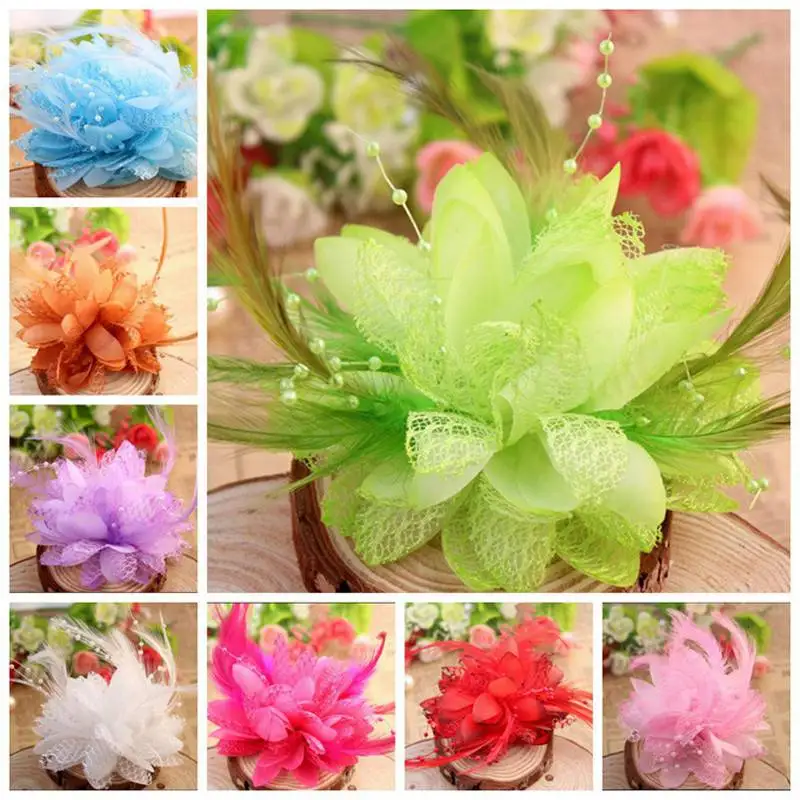 Green Flower Feather Bead Corsage Hair Clips Fascinator Hairband Pin brooch 