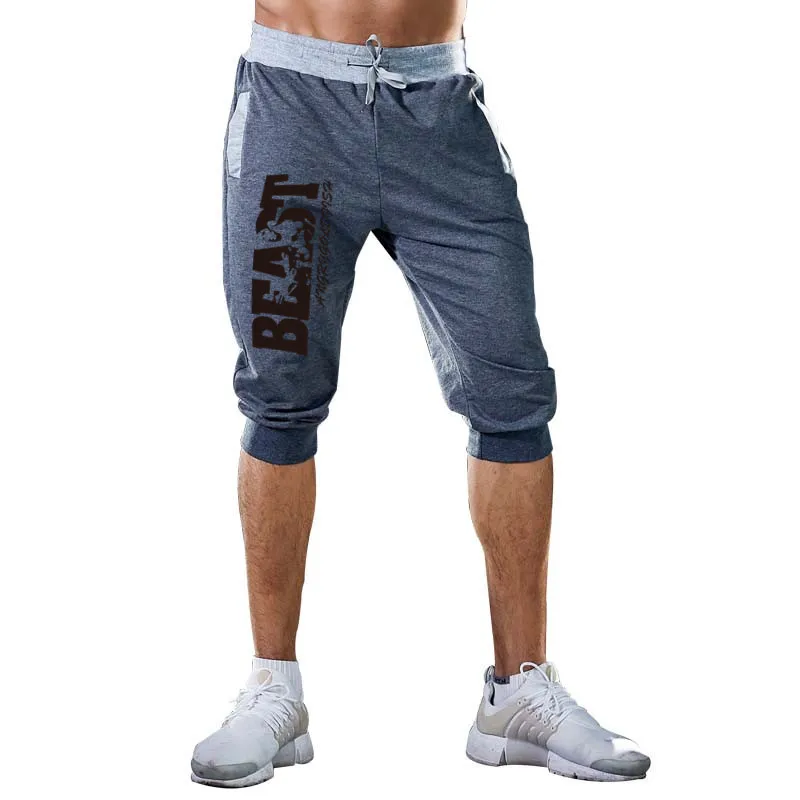 2019 heat brand knee long men's shorts Solid color printing  patchwork jogger sports Bermuda casualKnee Pants with Beach Shorts
