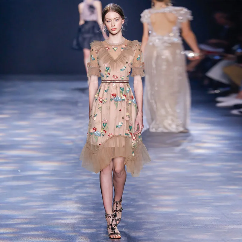 

2020 New Arrival Spring Summer Runway Dress Women Short Sleeves Lace Floral Flower Embroidered Vintage Bohemian Dresses Female