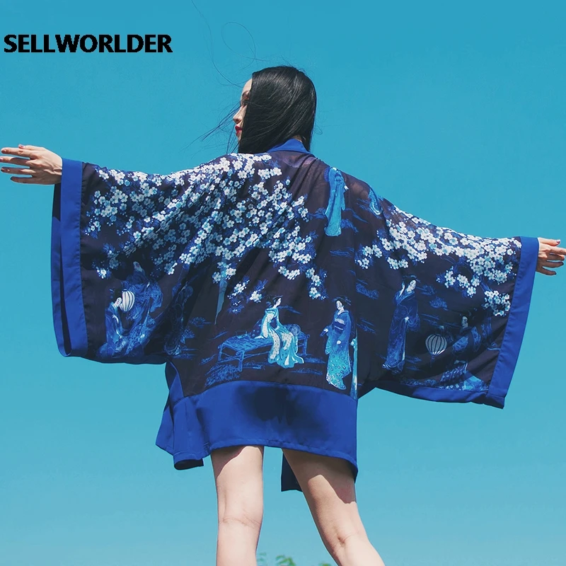 2021 Woman Japanese Kimono Style Sakura Maid's Garden Blue Coat sun Protection Shirt Super Loose short Top |