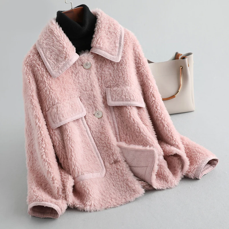 Pudi A19058 женская зимняя натуральная шерсть шуба короткая куртка пальто Дамская мода натуральная меховая шуба верхняя одежда - Цвет: pink