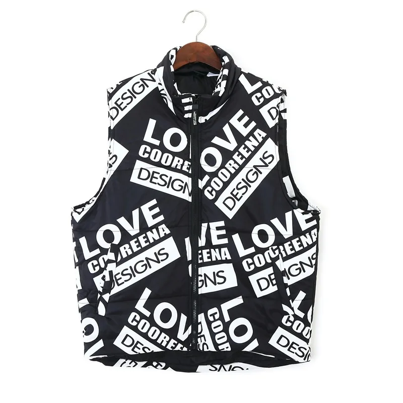 

FUN-PROUDER 2020 Winter New Tide Large Size Women's Cotton Vest with Personality Letter Hip Hop Ladies Black Clothing Green Vest