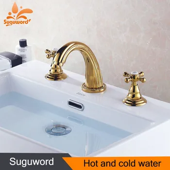 

Suguword Widespead Bathroom Basin Faucet Deck Mount 3 Holes Sink Mixer Tap Gold Polished Hot And Cold Water torneira chuveiro