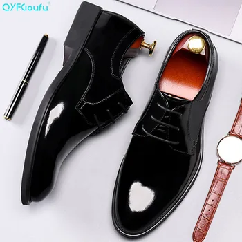 

QYFCIOUFU The New Patent Leather Men Dress Shoes England Genuine Leather Oxford Shoes Pointed Wedding Lace-up Pointed Toe Shoes