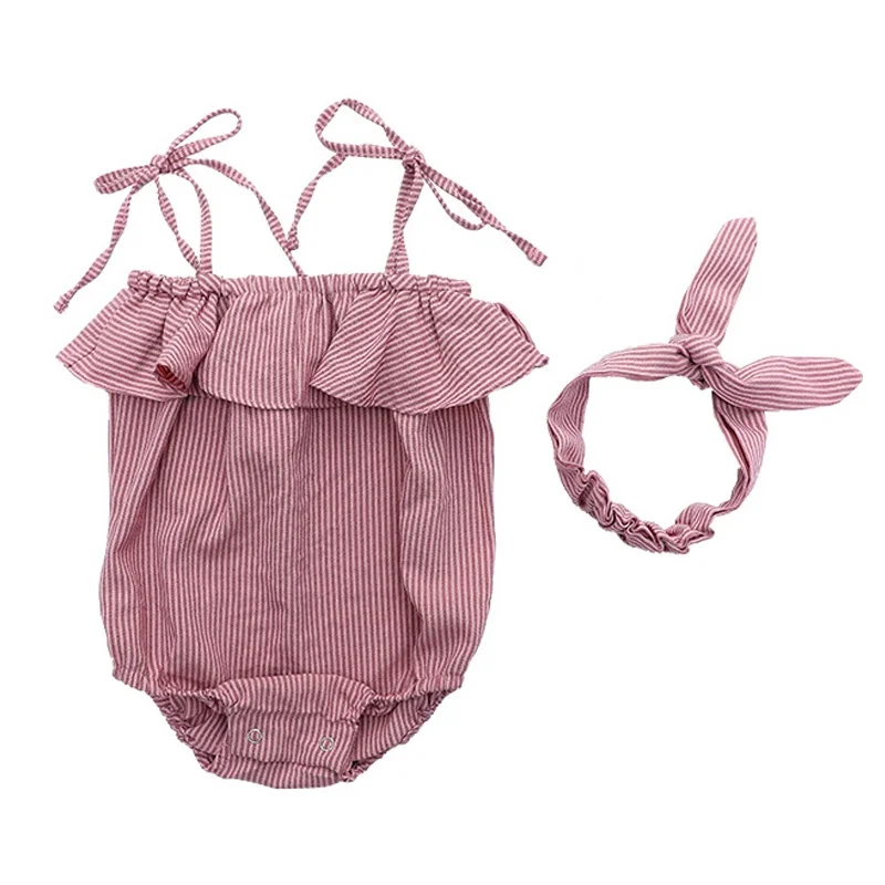 

Baby Clothes Summer Newborn Baby Girls Sleeveless Striped Print Strap Rompers With Headband Set #E