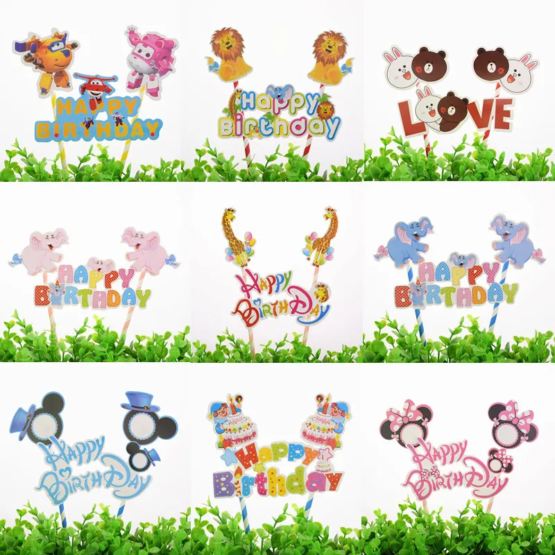 1pc Giraffe Elephant Lion Zoo Happy Birthday Cake Flag Crown Airplane Baby Shower Cake Topper Birthday Party Cake Baking Decor