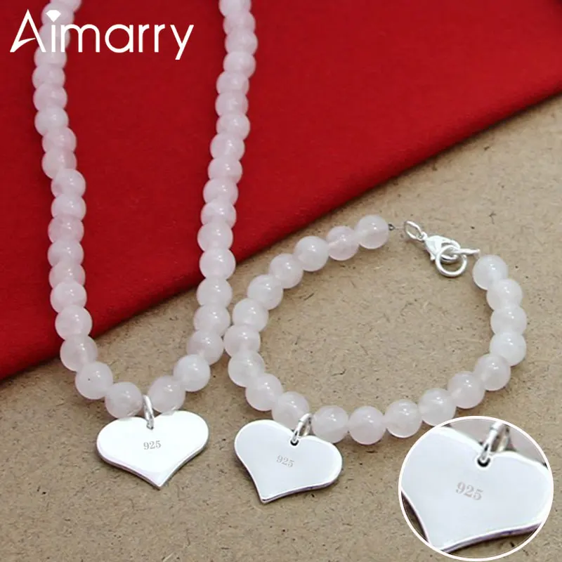 

Aimarry 925 Sterling Silver 8MM Pink Pearl Heart Chain Necklace Bracelet Sets For Women Engagement Wedding Gift Fashion Jewelry