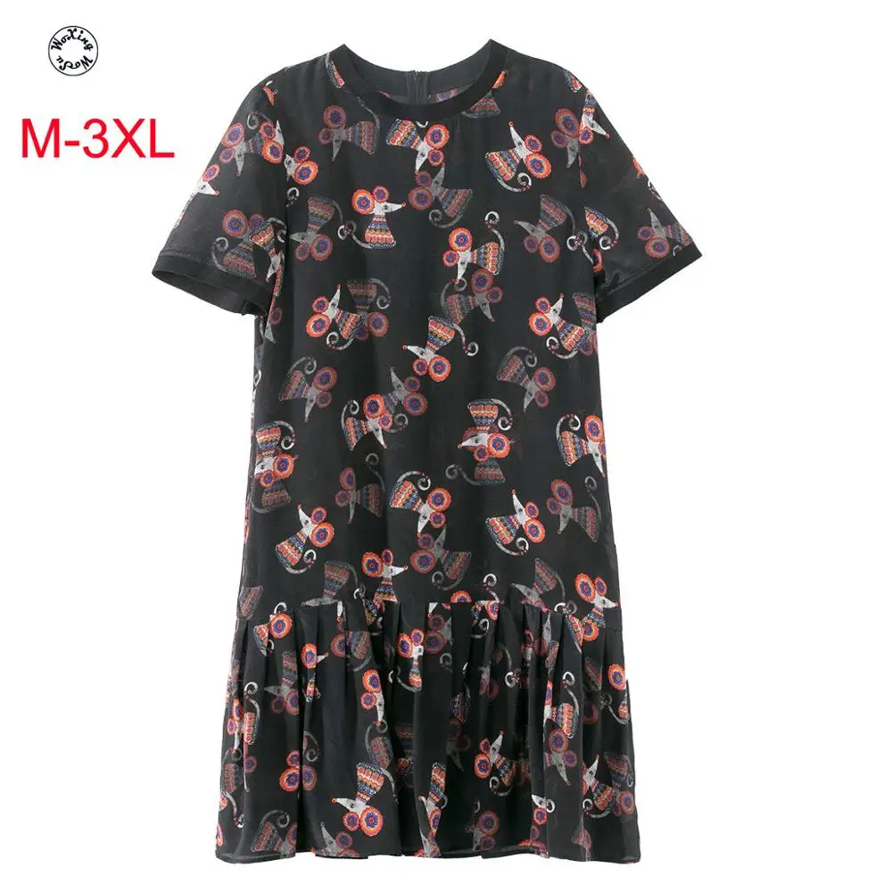 

mulberry silk crepe DE chine silk dress printed big fat mm show thin minus age big yards short in the spring