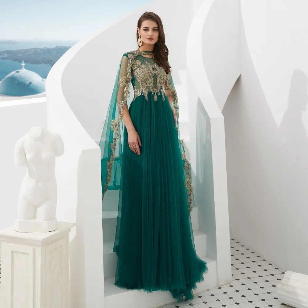 Вивиан Свадебные мусульманские съемный мыс вечернее платье, пикантное Иллюзия сетки блесток кружево аппликации зеленый элегантное
