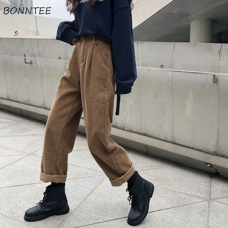 Pantalones de cintura elástica para mujer, Pantalón de pana elegante con bolsillos BF, liso, combinable, Harajuku, más gruesos, para adolescentes, novedad de otoño