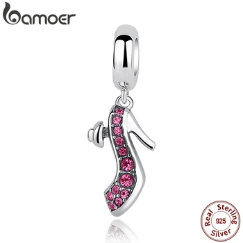 

BAMOER Spring Collection 925 Sterling Silver Pink High-heeled Shoes Charms fit Bracelets Necklace Wedding Gift SCC028