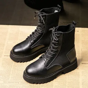 

Increased Martin boots female black plus velvet 2019 winter new wild stretch thin boots thick-soled booties