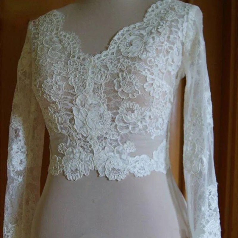 

Vintage White Ivory Bridal Jackets Bolero Wraps Wedding Top Lace Long Sleeve Scalloped V Neck Custom Plus Size