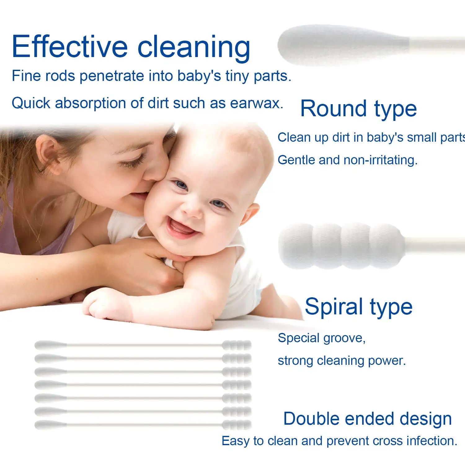 Cotton Swabs Baby Cotton Swabs Natural Cotton Buds makeup first aid cleaning Nose Ear Sticks Biodegradable Chlorine-Free 100Pcs(Three shapes)