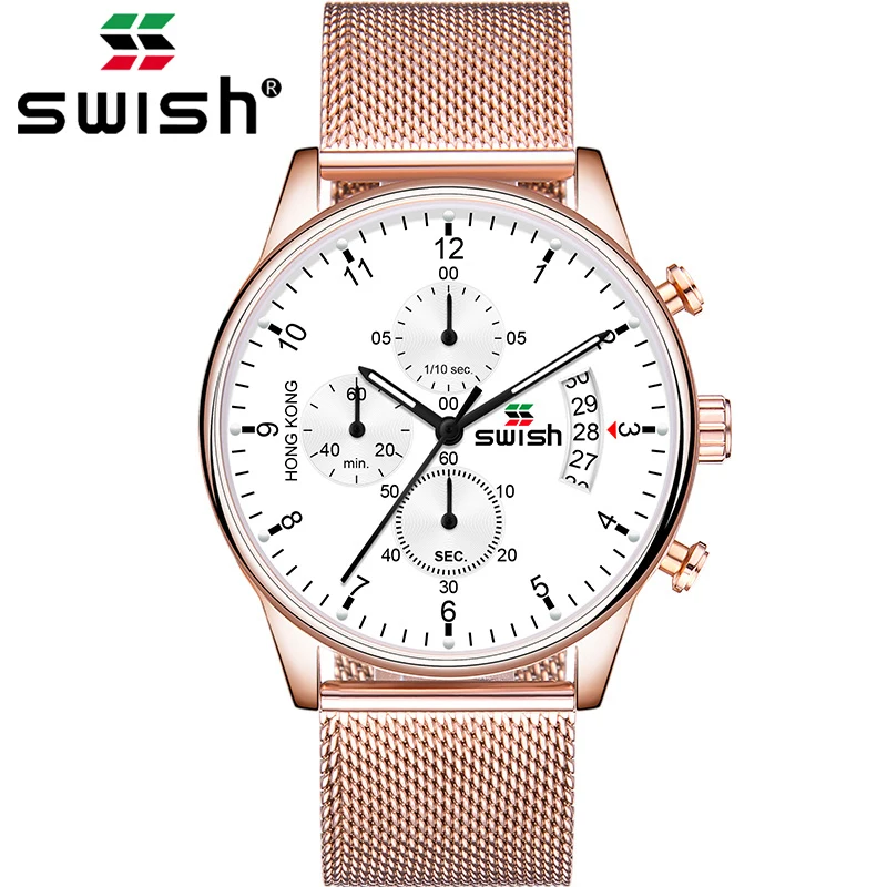 

SWISH 2019 Top Brand Watch Men's Quartz Clock Man Calendar Sports Waterproof Wrist Watches Men 3colors Stainless Steel Watch