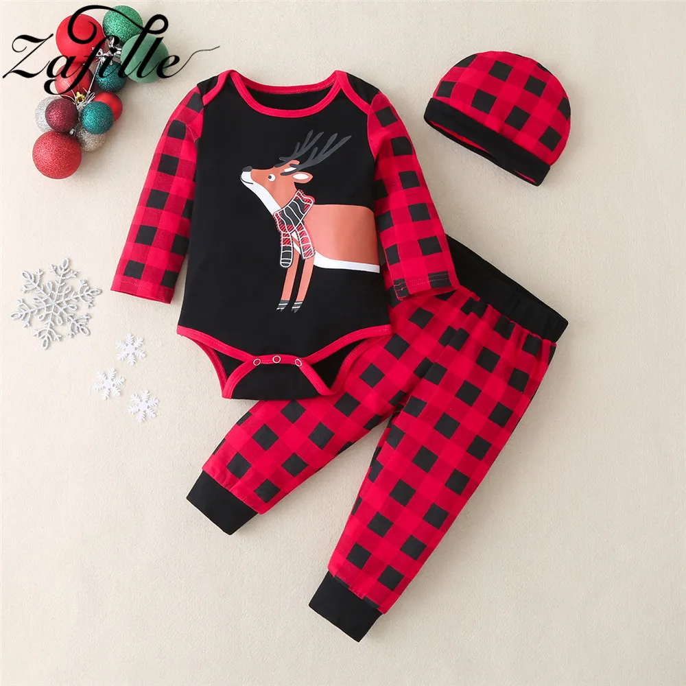 

ZAFILLE New Baby Romper Set Christmas Elk Print Patchwork Outfits With Hat 3Pcs Baby Girl Romper Kids Clothes Set Baby Boy Suits
