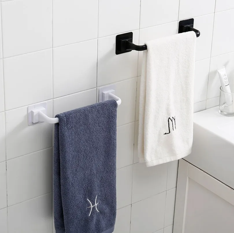 

Black Plastic Wall Mounted Bathroom Towel Bar Self-adhesive Towel Rack Towel Ring Bathroom Supply