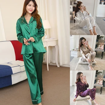 

Womens Satin Pajamas Sets Two Piece Faker Silk Smooth Sleepwear Sexy Homewear Long Sleeve Top Pants Female Nightwear Sets Autumn