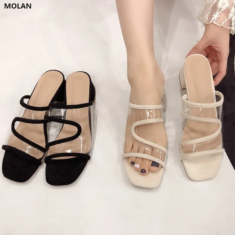 

MOLAN Brand Designers 2020 Spring New Elegant Transparent Narrow Band Square Heels Lady Pumps Slip On Loafers Mules Flip Flops