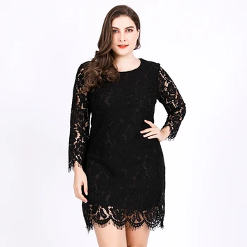 

2020 Europe and America large lace dress women's round neck hook flower hollow long sleeve sexy short pencil