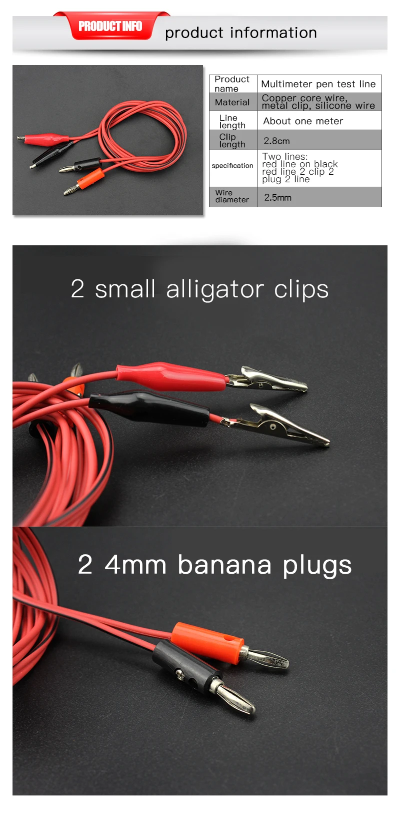 MILE 1m Crocodile Clip For Multimeter Probe Alligator Cilp to AV Banana Plug Test Lead DC Power Supply Tester Cable Tool DIY alligator clips test hooks clips alligator clip adapter