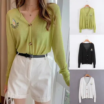 

Knit Cardigan Women Loose Casual V-neck Long-sleeved Thin Sweater Korean Style Avocado Pattern