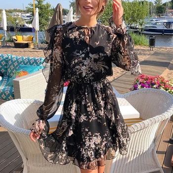 

Elegant chiffon floral print mini dress women lace up long sleeve ruffled black dress spring summer beach dresses with flowers