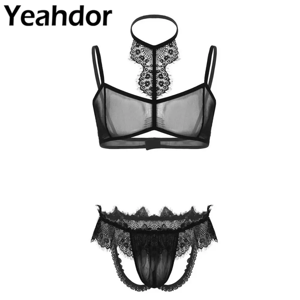 Gay Mens Sissy Lingerie Set Halter Neck See Through Sheer Mesh Lace Trim Bra Top + Open Butt Jockstrap Briefs Underwear Male |