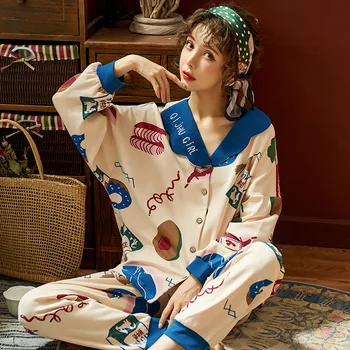 

Autumn women pajama cartoon floral pajamas suit casual cardigan 2 piece top+ pants sleepwaear home clothes
