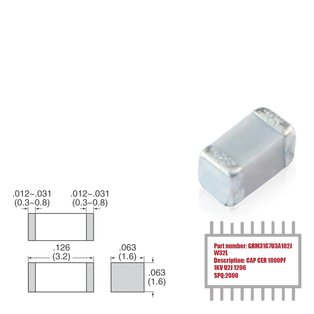 My Group Asia 2000PCS GRM31C7U3A102JW32L Surface Mount MLCC SMD CAP CER 1000PF ±5% 1KV U2J 1206 Ceramic Capacitor in Stock my group 100pcs 0402 c0g np0 smd 63v 1000pf mlcc ceramic capacitor in stock