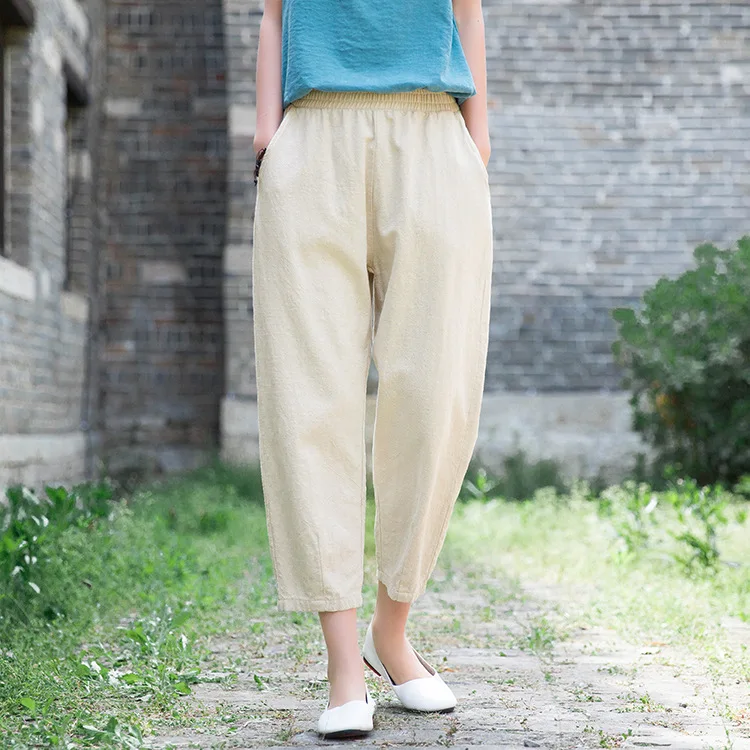 Johnature Loose Comfortable Solid Color Pockets Elastic Waist All-match Calf-length Pants 2020 Autumn New Women Straight Pants