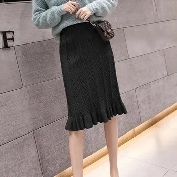 

Elegant Slim Women Knitted Skirt Mid-Calf Autumn High Waist Ruffled Fashion Knit Skirts 3Colors