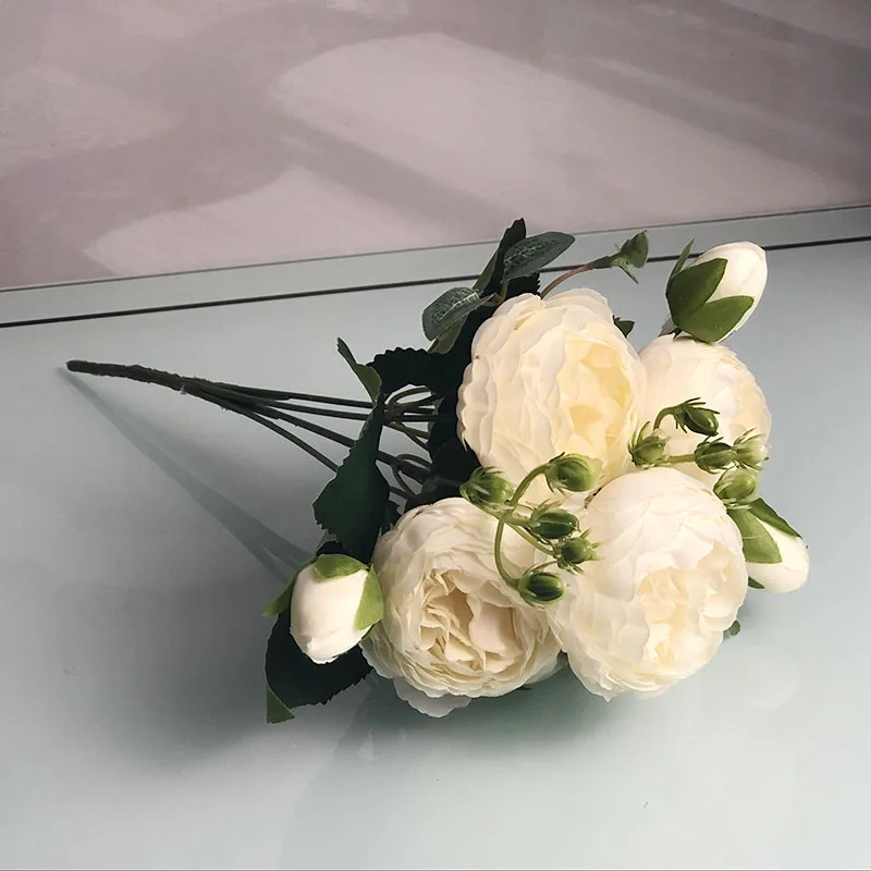 white 30 см шелковые пионы розовые Искусственные цветы букет 5 больших головок и 4 бутона дешевые искусственные цветы для дома Свадебные украшения для дома - Цвет: white
