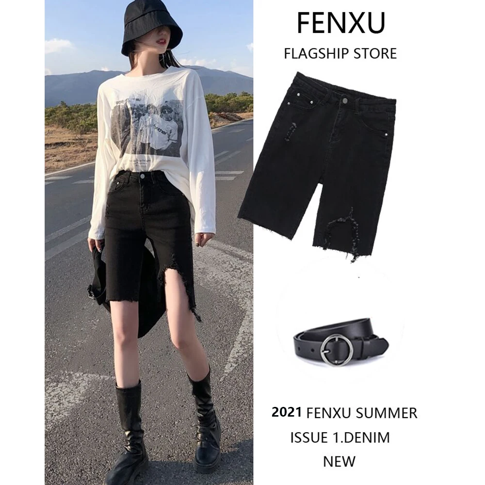 

High Waist Slim Denim Shorts Plus Size Woman New Fashion Tassel Tight Five-point Denim Shorts Washed Sexy Female Popular in 2021