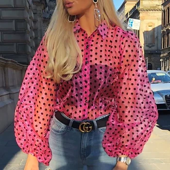 

Women Vintage Sexy Perspective Mesh Chiffon Shirt OL Tops Black White Polka Dot Shirt Blusa OL Loose Puff Sleeve Top Blusa