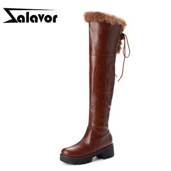 

ZALAVOR Warm Fur 2020 Shoes Women Over The Knee High Boots Fashion Solid Color Round Toe Lace Platform Footwear Size 33-43