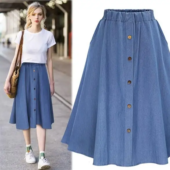 2020 Preppy Style Denim Women Plus Size Long faldas Nature Waist Female Big Hem Button Jean Skirt DV764 | Женская одежда