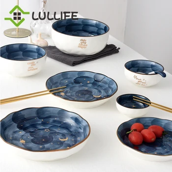 

Porcelain Dinner Plate Sets Creative Starry Letter Print Round Bowls Dishes and Plates Decorative Dinner Set Tableware Plates