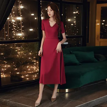 

2020 New Simple Red Satin Evening Dress Long With Bow Belt A-Line Sexy V-Neck Evening Gown Elegant Female Formal Dress