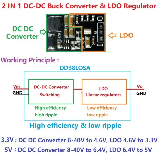 5 Вт 2 в 1 Converter преобразователь LDO Регулятор постоянного тока 6-40 В до 5 В 3,3 В