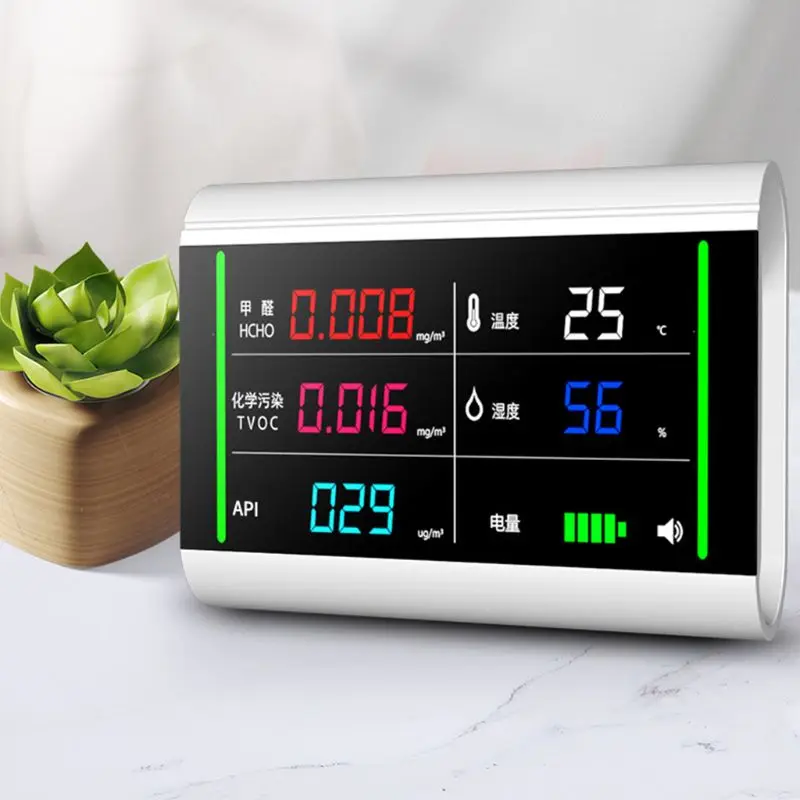 5-In-1 USB Rechargeable Air Quality Monitor Benzene HCHO TVOC LCD Digital Display Humidity Temperature Detector