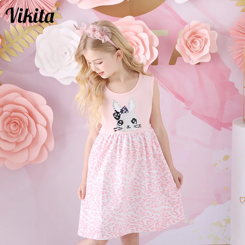 VIKITA Girls Dresses Clothes Kids Cotton Rabbit Dress Animal Appliqued Children Clothing Toddler Leopard Print | Детская одежда и