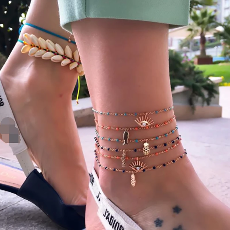 

HuaTang 1pcs Colorful Beaded Pineapple Eye Fish Boho Anklets for Women Adjustable Chain Free Match Charm Ankle Bracelet Jewelry