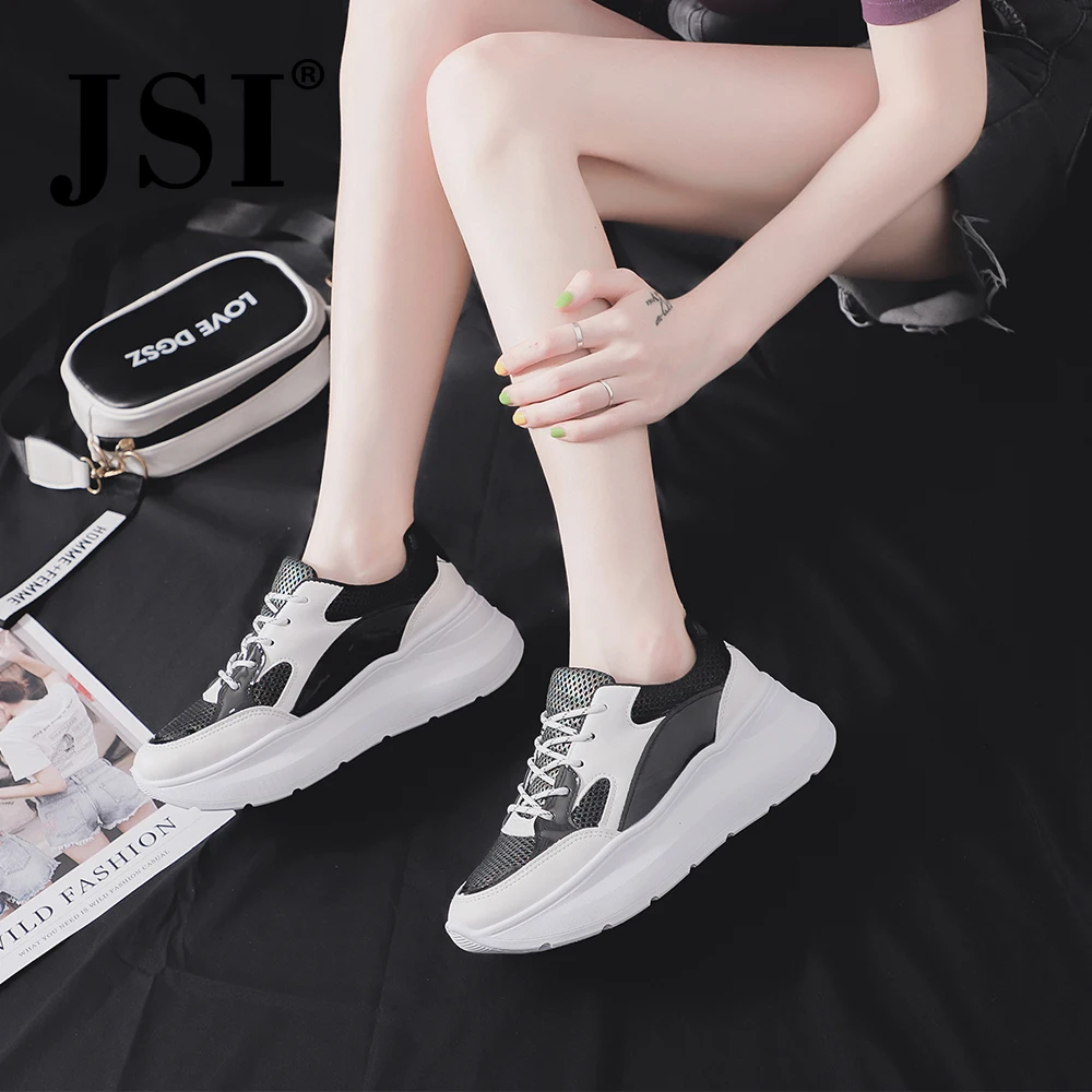 

JSI Women Sneakers Round Toe Microfiber Chunky Platform Flats Shallow New Casual Shoes Lace-Up Mixed Color Women Sneakers jx107