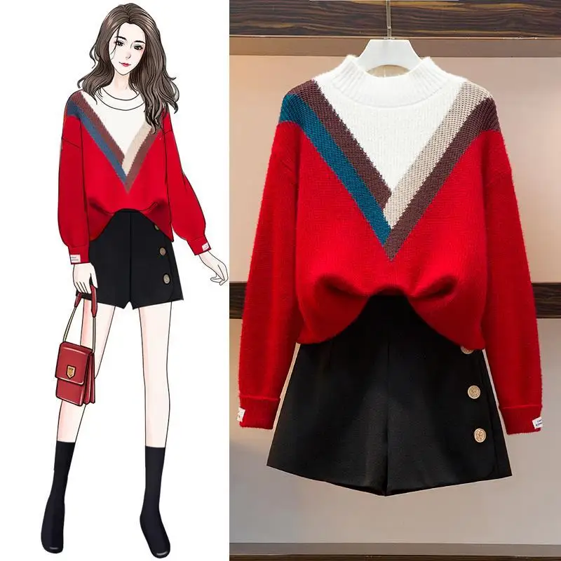 

Autumn and winter 2020 new small round neck lazy wind color matching half turtleneck sweater women's two-piece shorts set